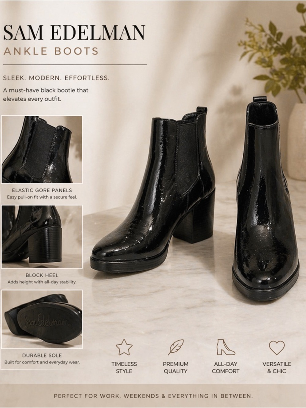 Sam Edelman Black Patent Leather Chelsea Ankle Boots